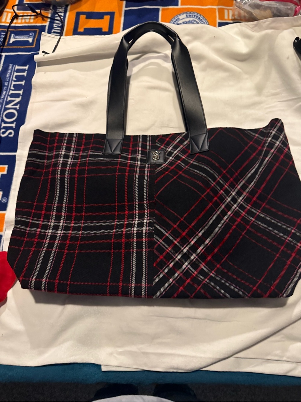 Victoria’s Secret Plaid Tote Bag Large Red Black Check Shopper Travel